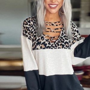Leopard Color Block Linked Neck Long Sleeve Top